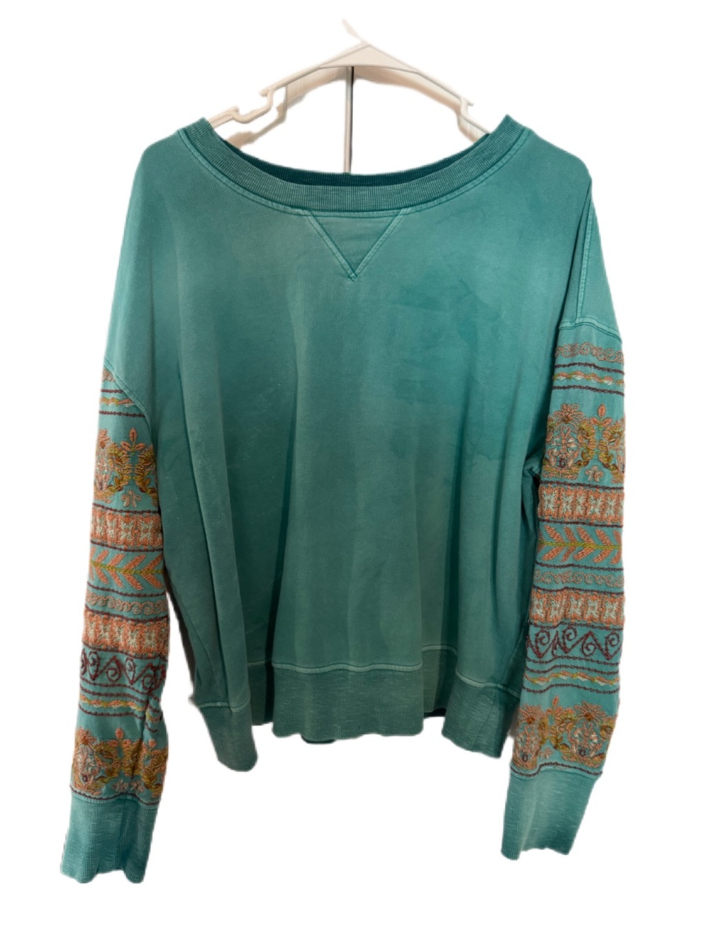 Sundance Teal Embroidered Sleeve Pullover Sweatshirt